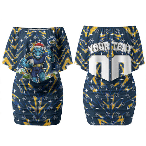 Personalised Parramatta Eels Rugby Christmas Family Matching Off Shoulder Short Dress and Hawaiian Shirt Santa Rugby Mascot - Pine Wreath Festive