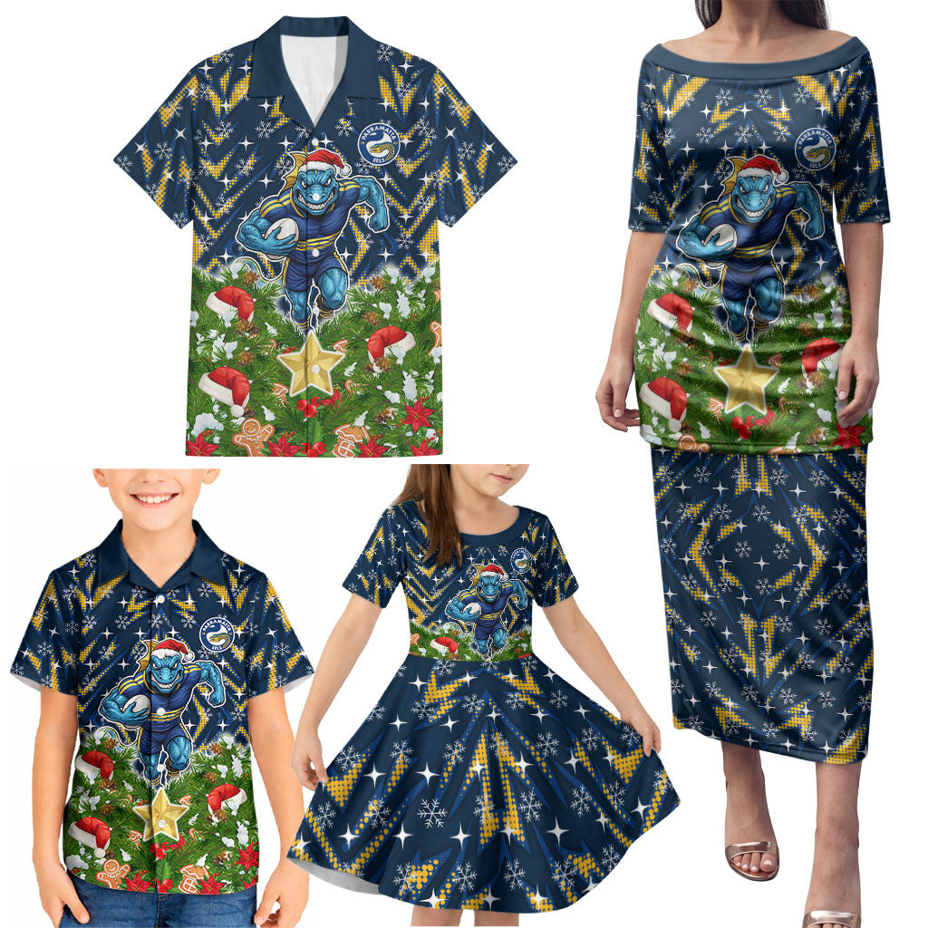 Personalised Parramatta Eels Rugby Christmas Family Matching Puletasi and Hawaiian Shirt Santa Rugby Mascot - Pine Wreath Festive