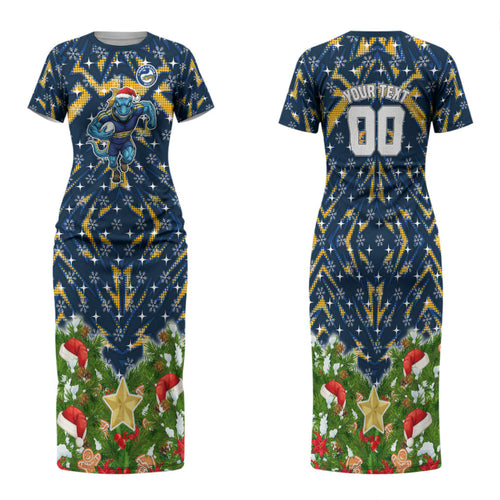 Personalised Parramatta Eels Rugby Christmas Family Matching Short Sleeve Bodycon Dress and Hawaiian Shirt Santa Rugby Mascot - Pine Wreath Festive
