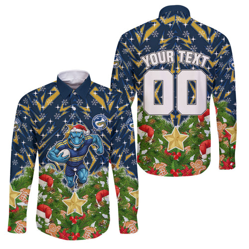 Personalised Parramatta Eels Rugby Christmas Family Matching Short Sleeve Bodycon Dress and Hawaiian Shirt Santa Rugby Mascot - Pine Wreath Festive