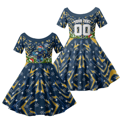 Personalised Parramatta Eels Rugby Christmas Family Matching Short Sleeve Bodycon Dress and Hawaiian Shirt Santa Rugby Mascot - Pine Wreath Festive