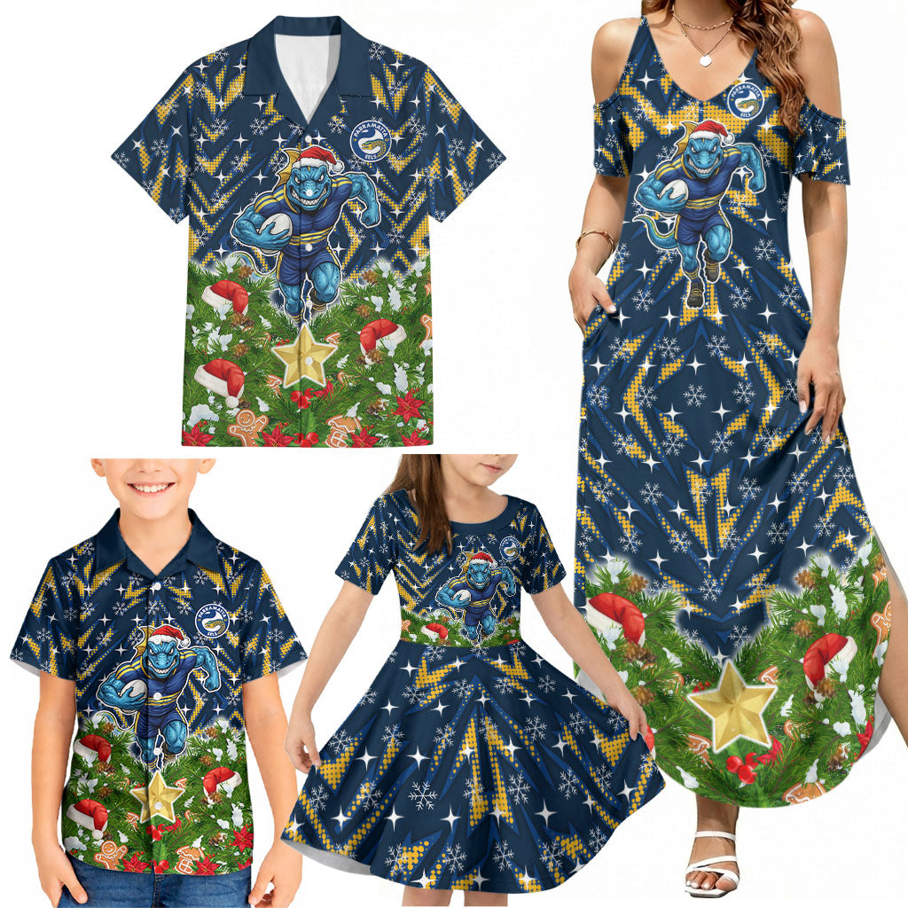 Personalised Parramatta Eels Rugby Christmas Family Matching Summer Maxi Dress and Hawaiian Shirt Santa Rugby Mascot - Pine Wreath Festive
