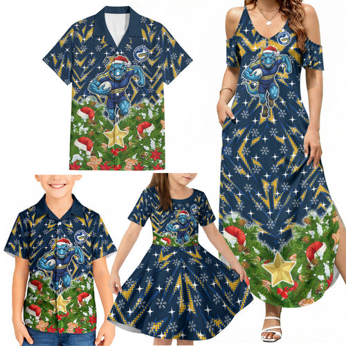 Personalised Parramatta Eels Rugby Christmas Family Matching Summer Maxi Dress and Hawaiian Shirt Santa Rugby Mascot - Pine Wreath Festive