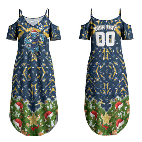Personalised Parramatta Eels Rugby Christmas Family Matching Summer Maxi Dress and Hawaiian Shirt Santa Rugby Mascot - Pine Wreath Festive
