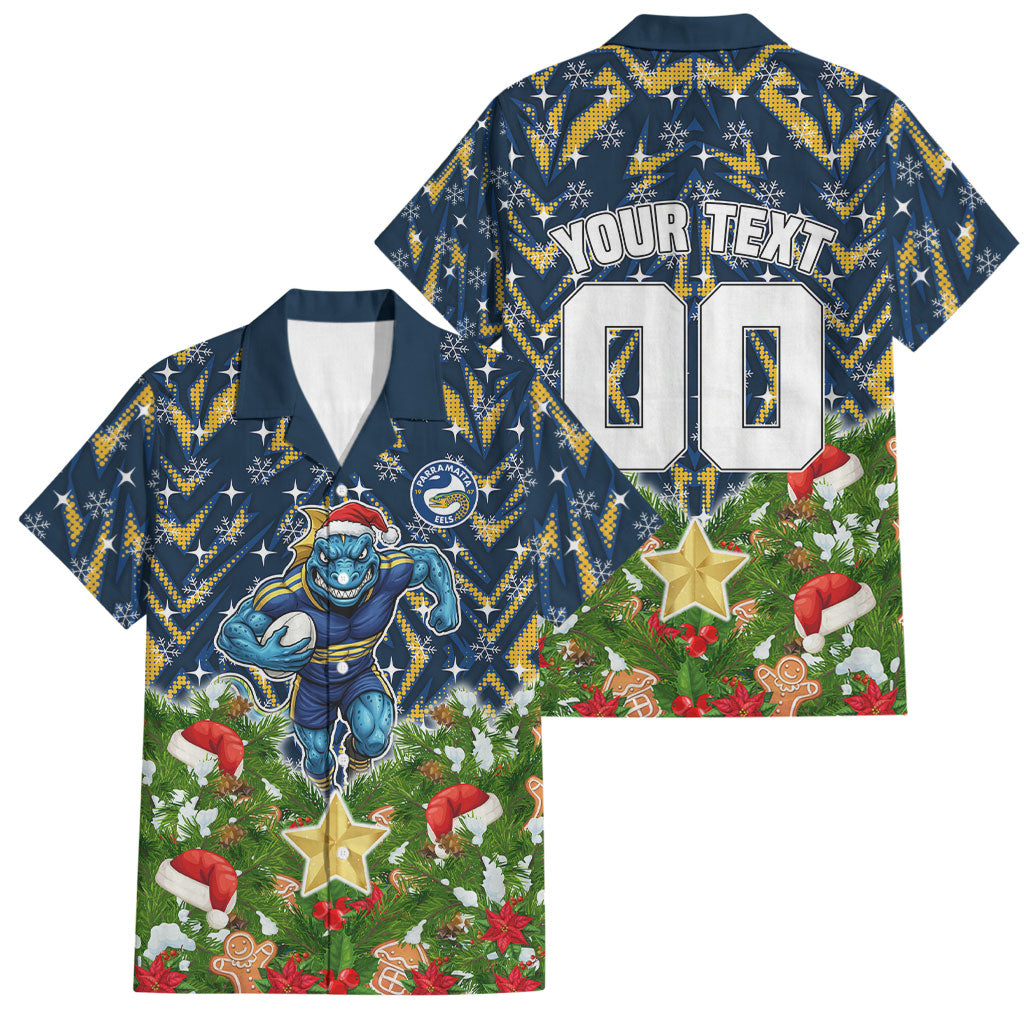 Personalised Parramatta Eels Rugby Christmas Family Matching Summer Maxi Dress and Hawaiian Shirt Santa Rugby Mascot - Pine Wreath Festive