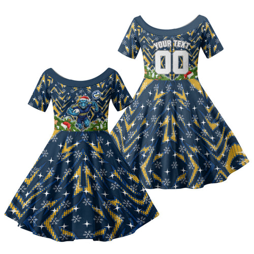 Personalised Parramatta Eels Rugby Christmas Family Matching Summer Maxi Dress and Hawaiian Shirt Santa Rugby Mascot - Pine Wreath Festive