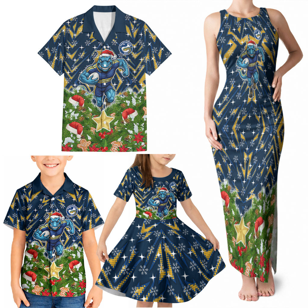 Personalised Parramatta Eels Rugby Christmas Family Matching Tank Maxi Dress and Hawaiian Shirt Santa Rugby Mascot - Pine Wreath Festive