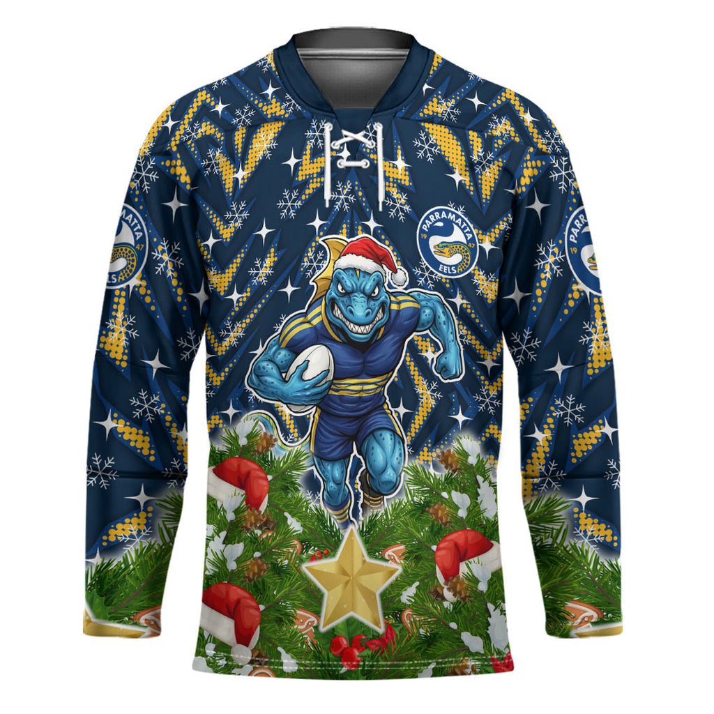 Personalised Parramatta Eels Rugby Christmas Hockey Jersey Santa Rugby Mascot - Pine Wreath Festive