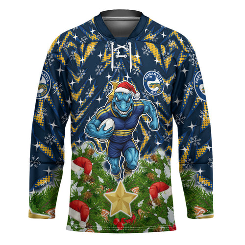Personalised Parramatta Eels Rugby Christmas Hockey Jersey Santa Rugby Mascot - Pine Wreath Festive