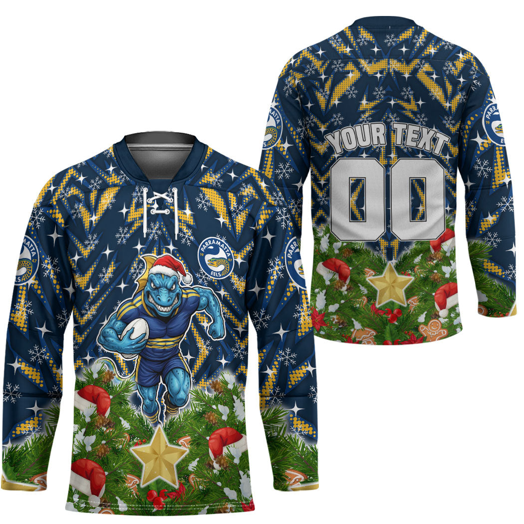 Personalised Parramatta Eels Rugby Christmas Hockey Jersey Santa Rugby Mascot - Pine Wreath Festive