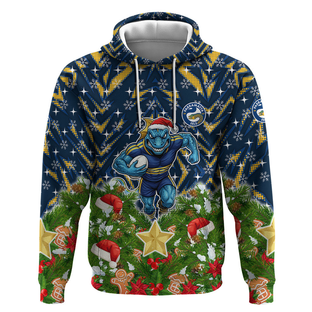 Personalised Parramatta Eels Rugby Christmas Hoodie Santa Rugby Mascot - Pine Wreath Festive