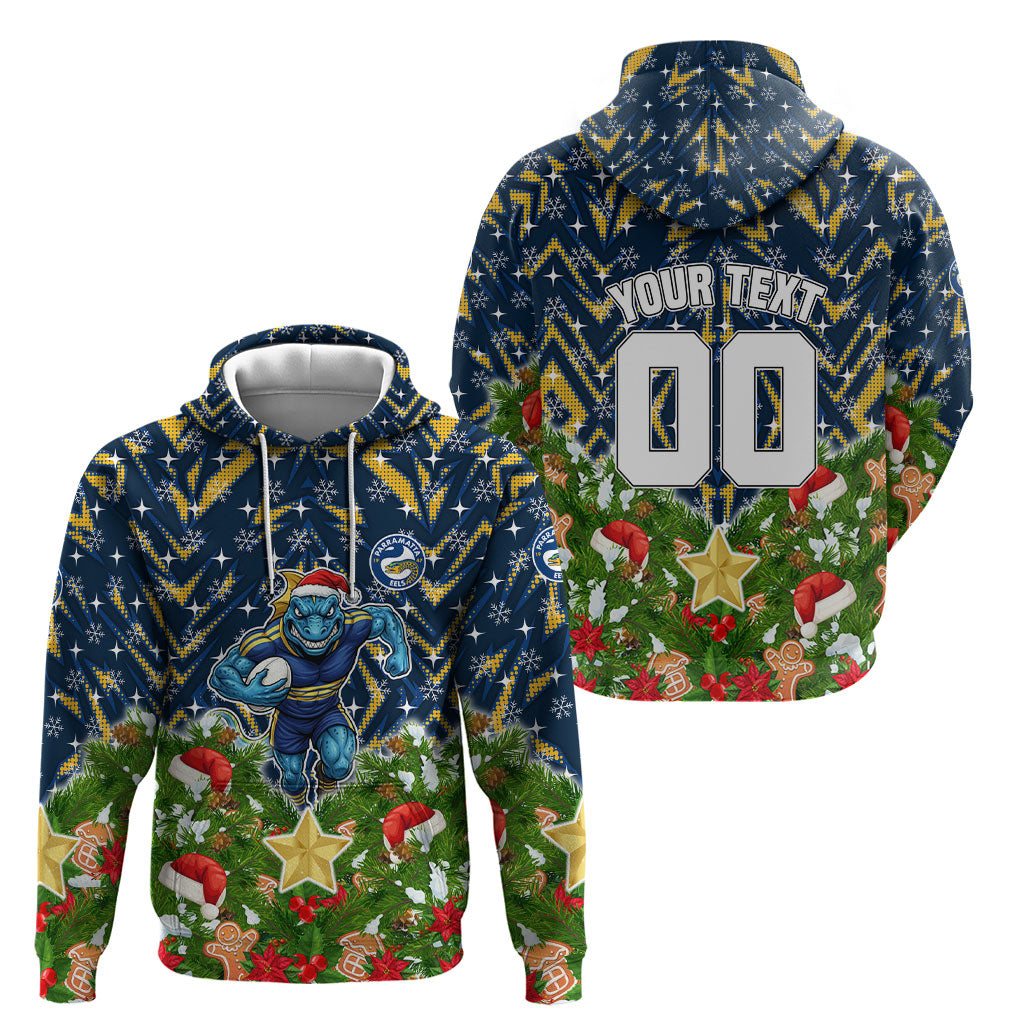 Personalised Parramatta Eels Rugby Christmas Hoodie Santa Rugby Mascot - Pine Wreath Festive