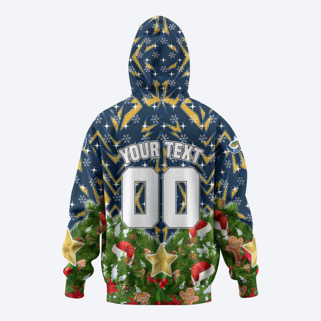 Personalised Parramatta Eels Rugby Christmas Hoodie Santa Rugby Mascot - Pine Wreath Festive