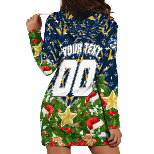 Personalised Parramatta Eels Rugby Christmas Hoodie Dress Santa Rugby Mascot - Pine Wreath Festive