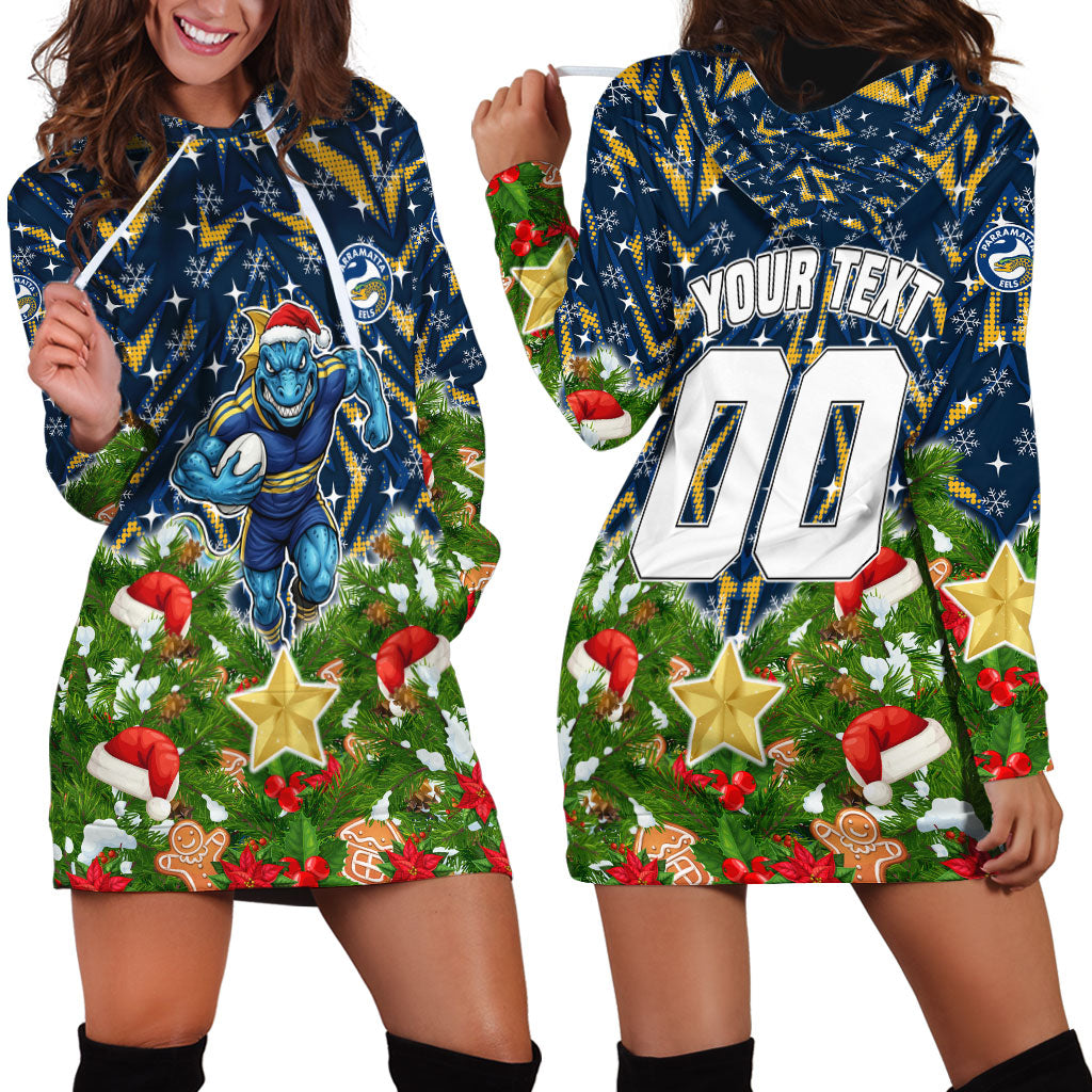 Personalised Parramatta Eels Rugby Christmas Hoodie Dress Santa Rugby Mascot - Pine Wreath Festive