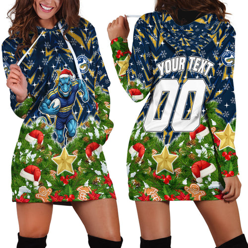 Personalised Parramatta Eels Rugby Christmas Hoodie Dress Santa Rugby Mascot - Pine Wreath Festive
