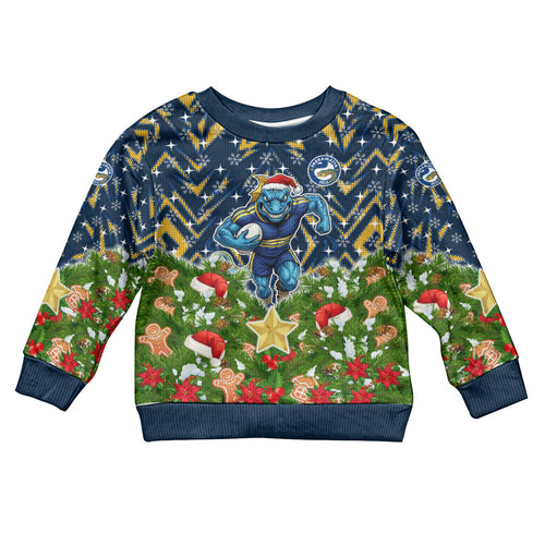 Personalised Parramatta Eels Rugby Christmas Kid Ugly Christmas Sweater Santa Rugby Mascot - Pine Wreath Festive