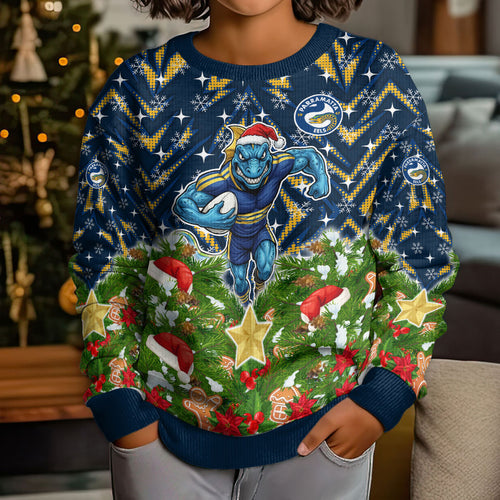 Personalised Parramatta Eels Rugby Christmas Kid Ugly Christmas Sweater Santa Rugby Mascot - Pine Wreath Festive