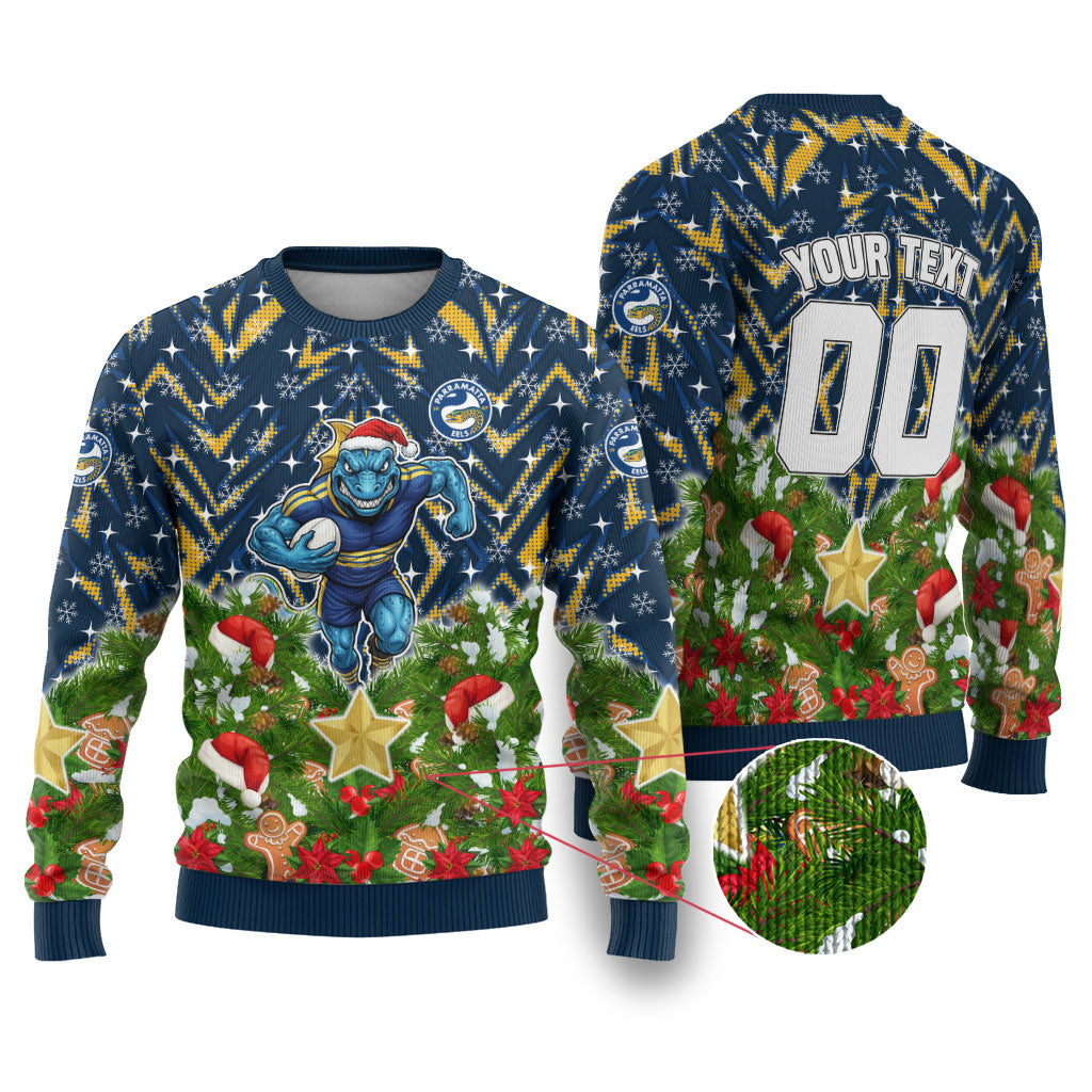 Personalised Parramatta Eels Rugby Christmas Ugly Christmas Sweater Santa Rugby Mascot - Pine Wreath Festive