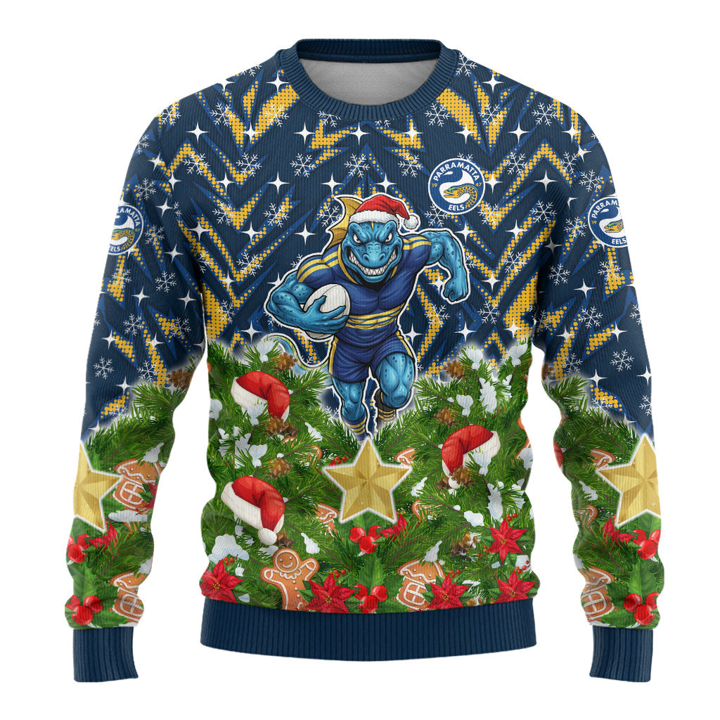 Personalised Parramatta Eels Rugby Christmas Ugly Christmas Sweater Santa Rugby Mascot - Pine Wreath Festive