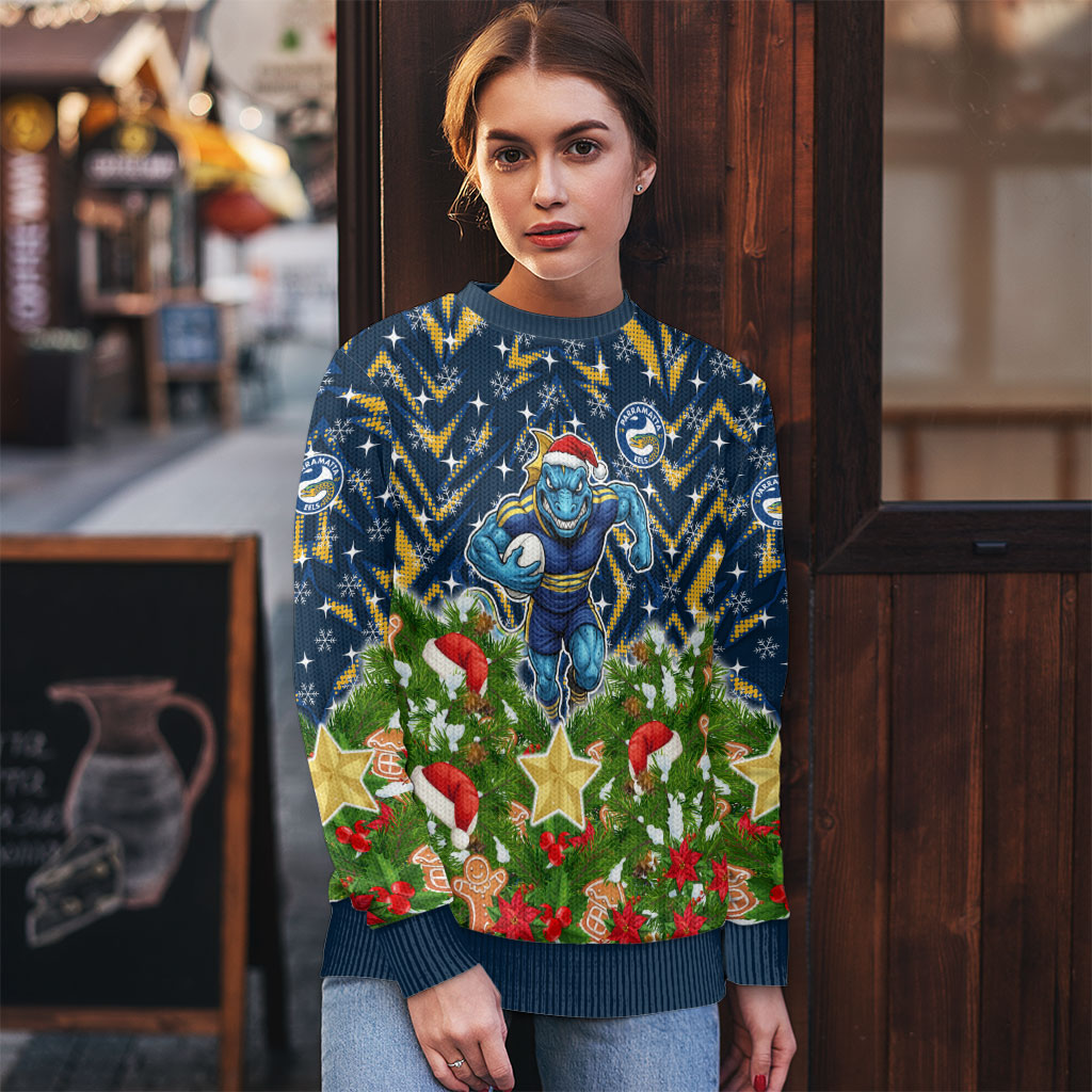 Personalised Parramatta Eels Rugby Christmas Ugly Christmas Sweater Santa Rugby Mascot - Pine Wreath Festive