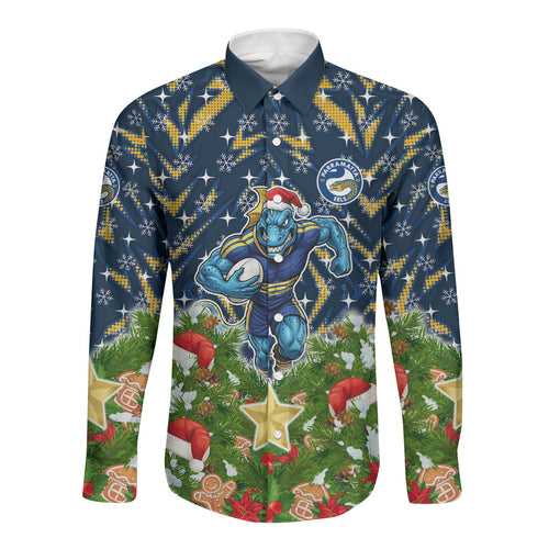 Personalised Parramatta Eels Rugby Christmas Long Sleeve Button Shirt Santa Rugby Mascot - Pine Wreath Festive