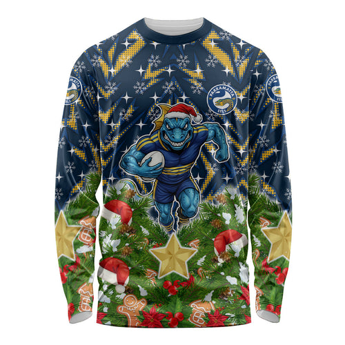 Personalised Parramatta Eels Rugby Christmas Long Sleeve Shirt Santa Rugby Mascot - Pine Wreath Festive