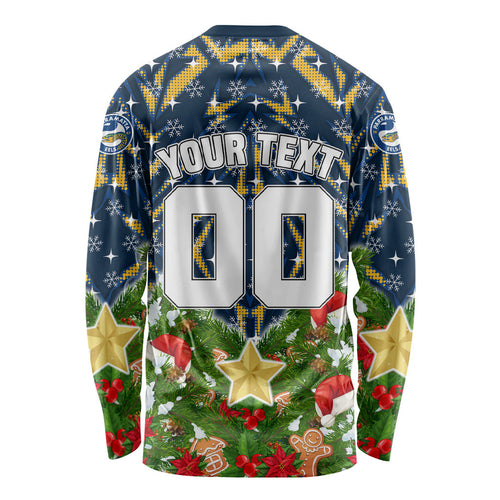 Personalised Parramatta Eels Rugby Christmas Long Sleeve Shirt Santa Rugby Mascot - Pine Wreath Festive