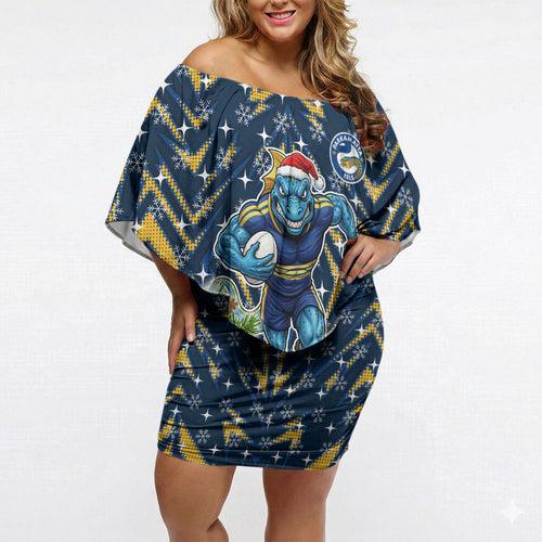 Personalised Parramatta Eels Rugby Christmas Off Shoulder Short Dress Santa Rugby Mascot - Pine Wreath Festive