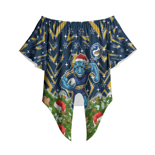 Personalised Parramatta Eels Rugby Christmas Off Shoulder Wrap Waist Top Santa Rugby Mascot - Pine Wreath Festive