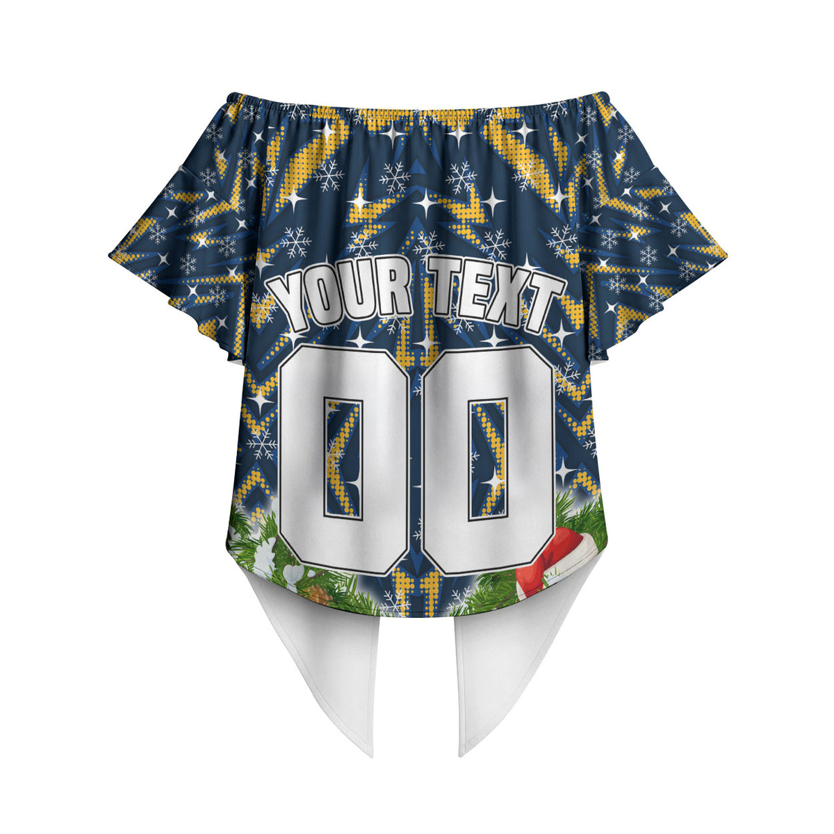 Personalised Parramatta Eels Rugby Christmas Off Shoulder Wrap Waist Top Santa Rugby Mascot - Pine Wreath Festive