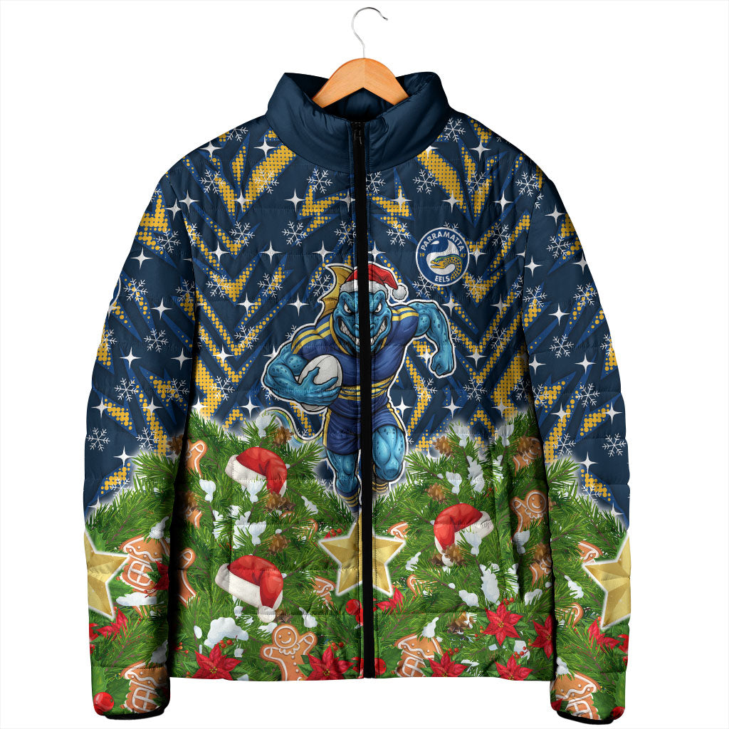 Personalised Parramatta Eels Rugby Christmas Padded Jacket Santa Rugby Mascot - Pine Wreath Festive