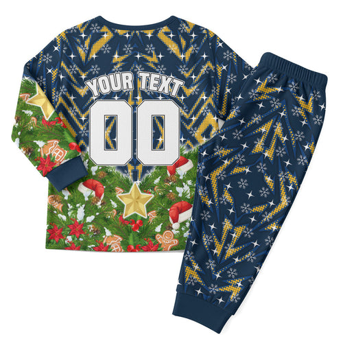 Personalised Parramatta Eels Rugby Christmas Pajama Set Santa Rugby Mascot - Pine Wreath Festive