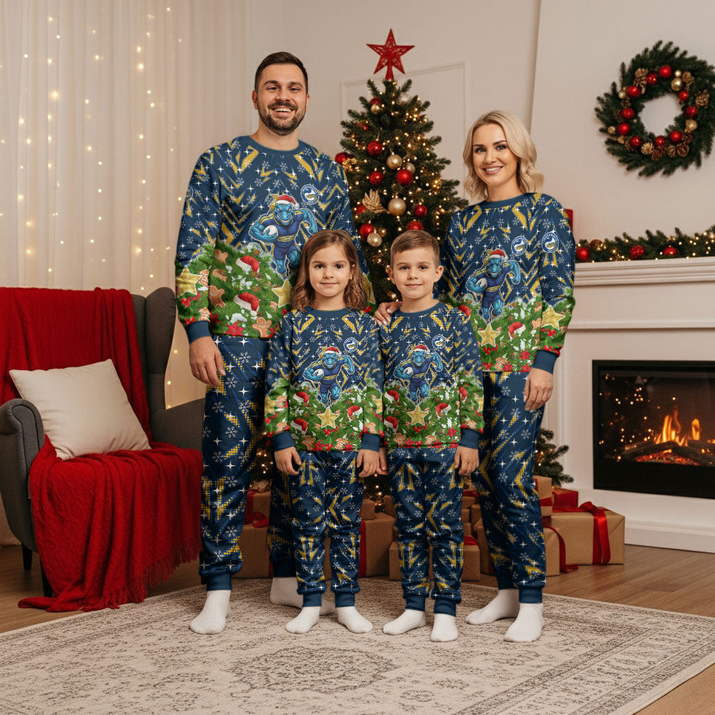 Personalised Parramatta Eels Rugby Christmas Pajama Set Santa Rugby Mascot - Pine Wreath Festive
