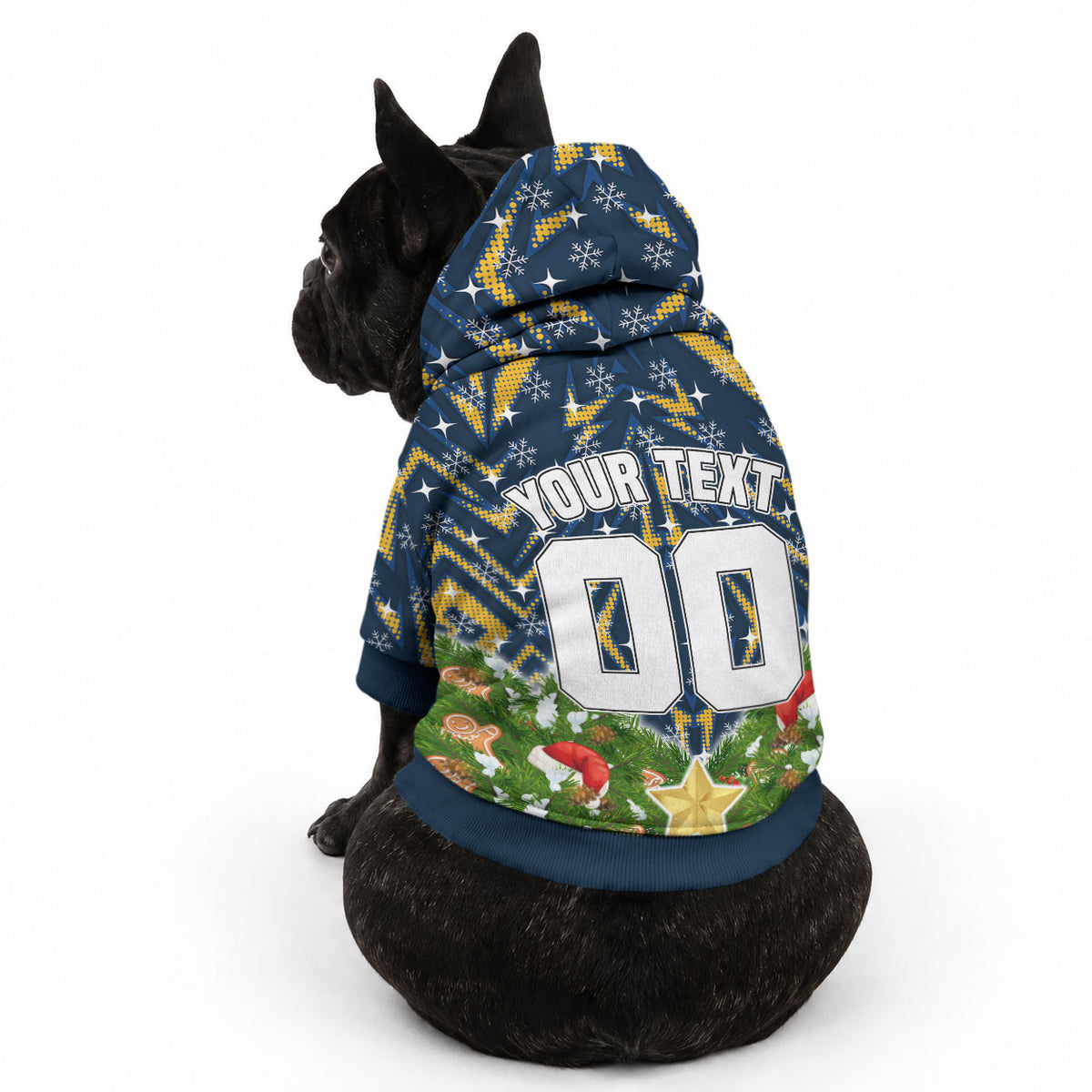 Personalised Parramatta Eels Rugby Christmas Pet Hoodie Santa Rugby Mascot - Pine Wreath Festive