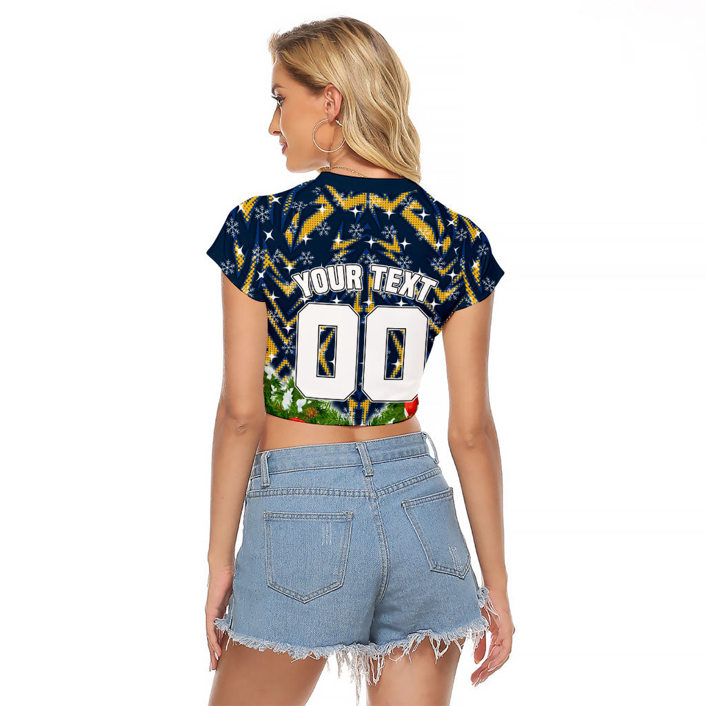 Personalised Parramatta Eels Rugby Christmas Raglan Cropped T Shirt Santa Rugby Mascot - Pine Wreath Festive