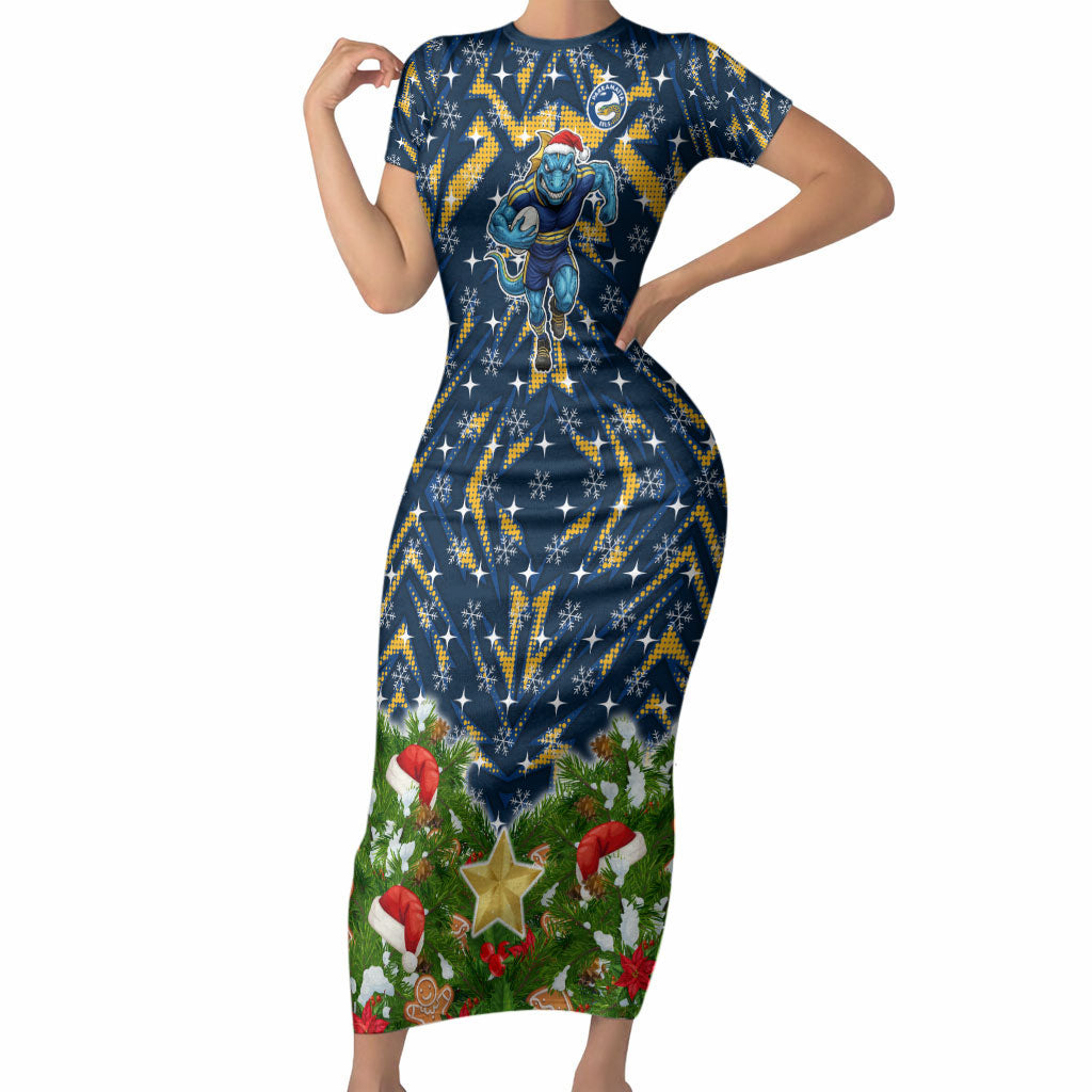 Personalised Parramatta Eels Rugby Christmas Short Sleeve Bodycon Dress Santa Rugby Mascot - Pine Wreath Festive