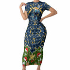 Personalised Parramatta Eels Rugby Christmas Short Sleeve Bodycon Dress Santa Rugby Mascot - Pine Wreath Festive