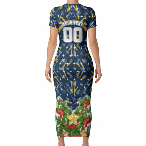 Personalised Parramatta Eels Rugby Christmas Short Sleeve Bodycon Dress Santa Rugby Mascot - Pine Wreath Festive