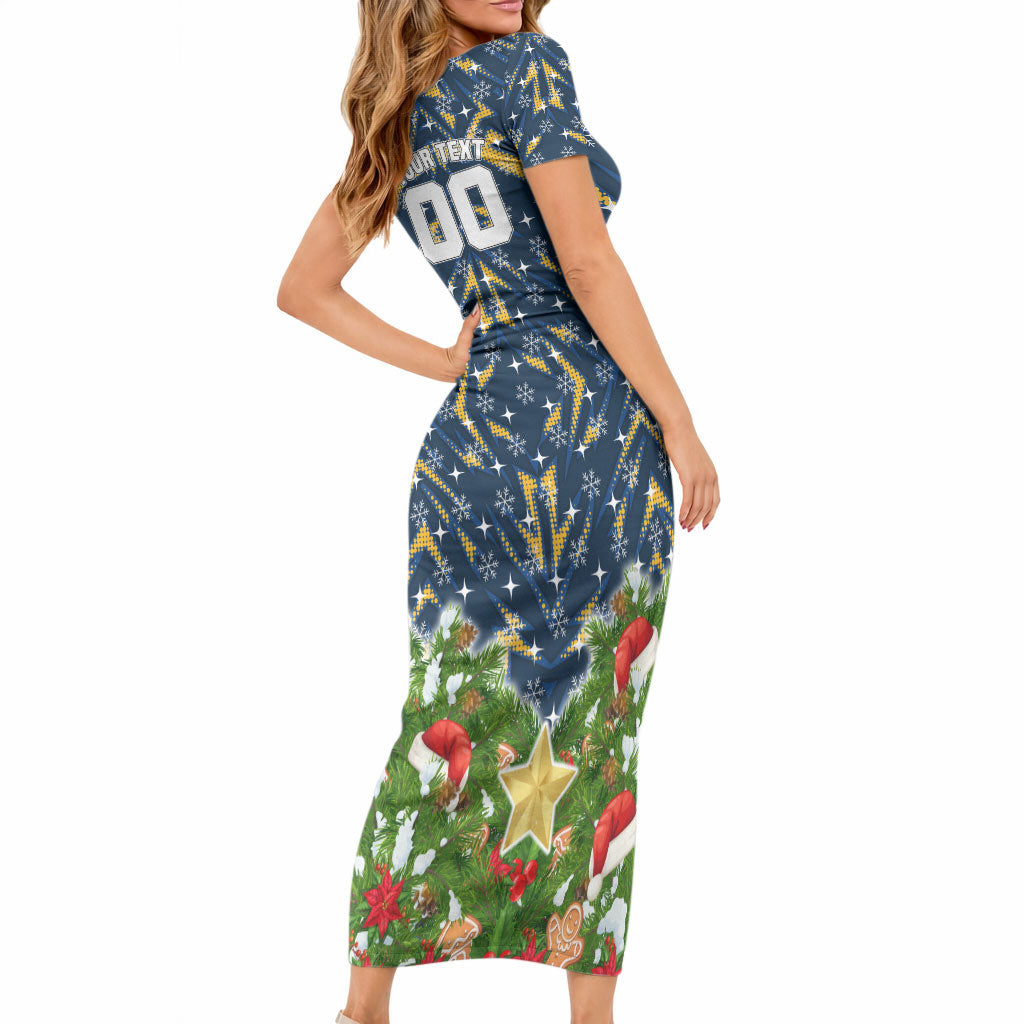 Personalised Parramatta Eels Rugby Christmas Short Sleeve Bodycon Dress Santa Rugby Mascot - Pine Wreath Festive