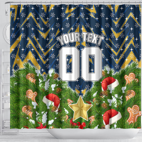 Personalised Parramatta Eels Rugby Christmas Shower Curtain Santa Rugby Mascot - Pine Wreath Festive