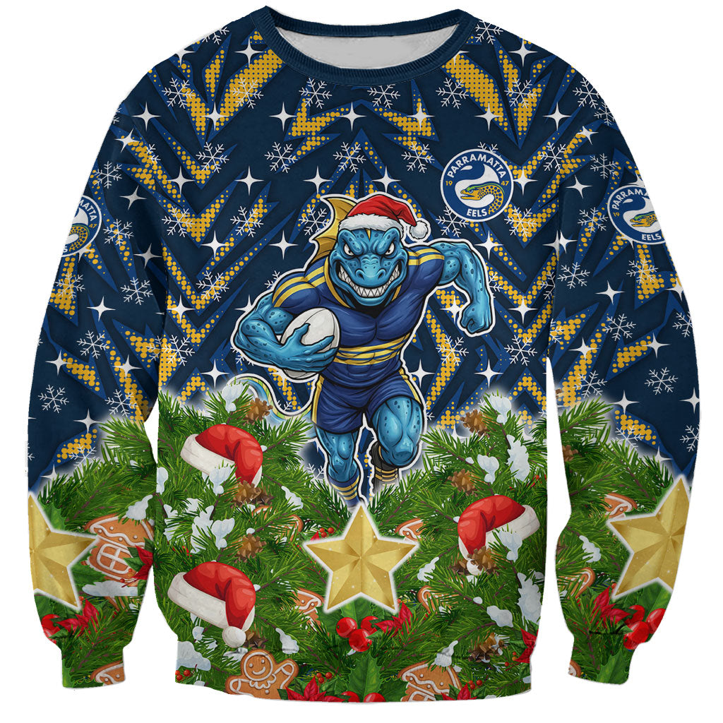 Personalised Parramatta Eels Rugby Christmas Sweatshirt Santa Rugby Mascot - Pine Wreath Festive