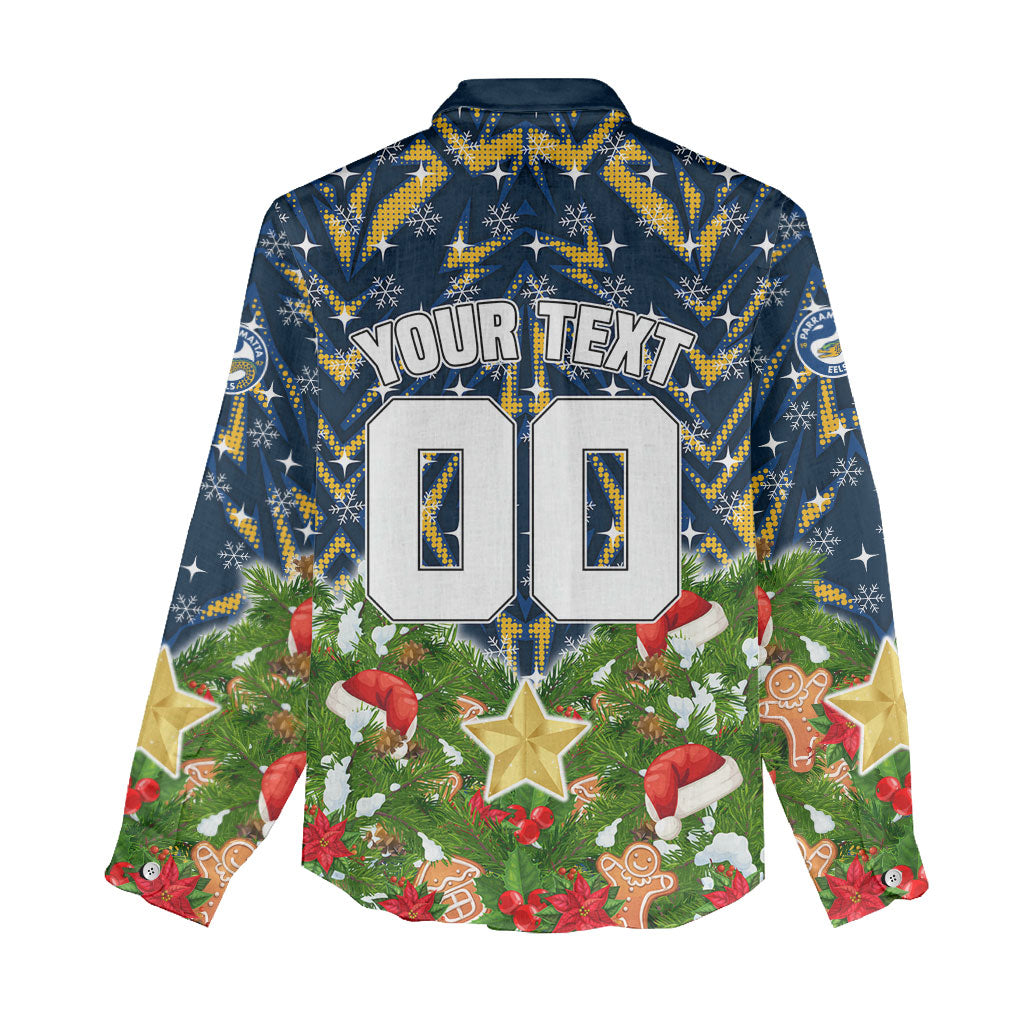 Personalised Parramatta Eels Rugby Christmas Women Casual Shirt Santa Rugby Mascot - Pine Wreath Festive