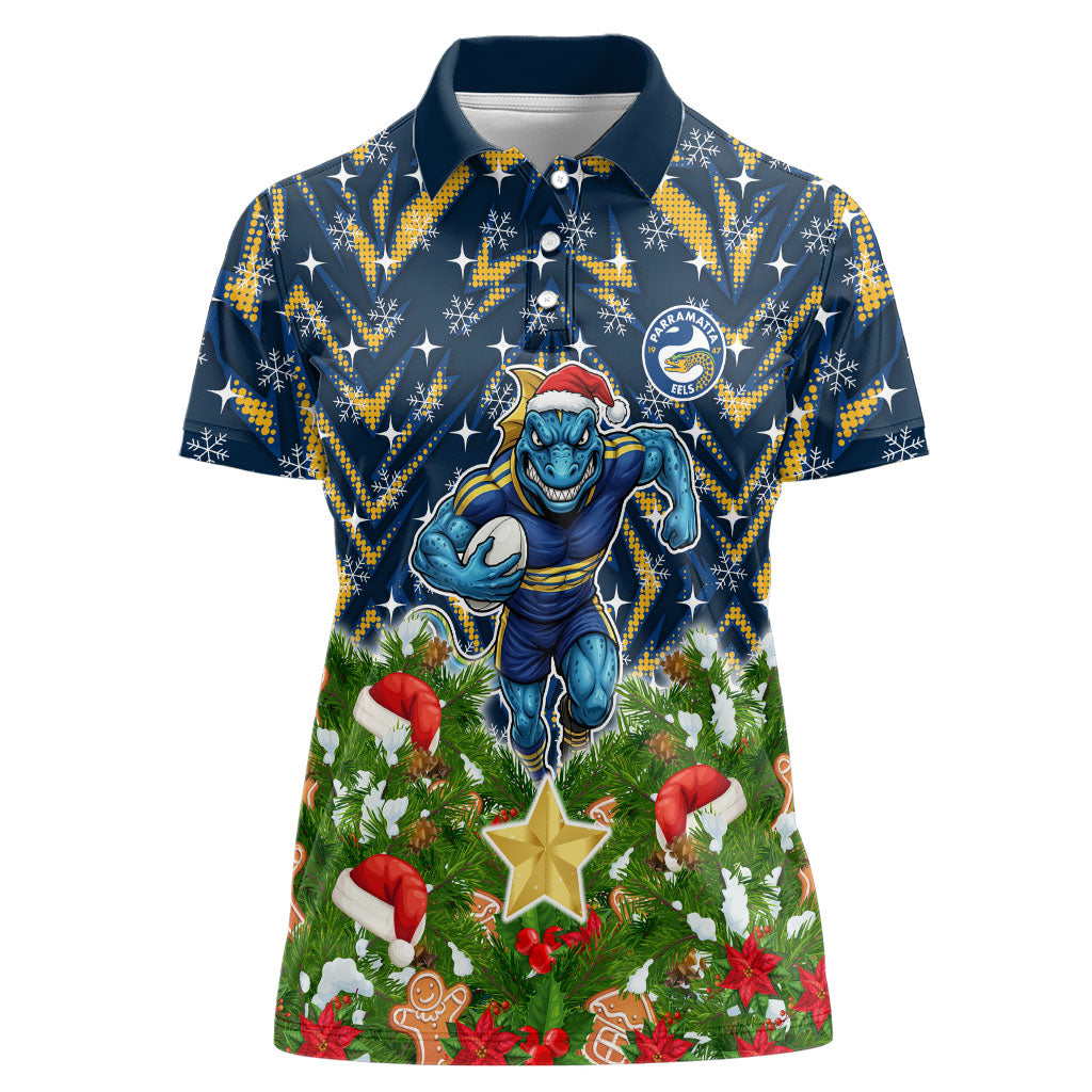 Personalised Parramatta Eels Rugby Christmas Women Polo Shirt Santa Rugby Mascot - Pine Wreath Festive