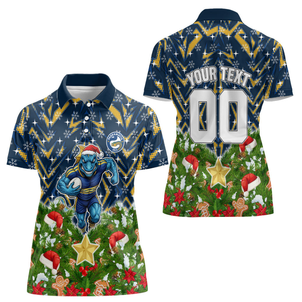 Personalised Parramatta Eels Rugby Christmas Women Polo Shirt Santa Rugby Mascot - Pine Wreath Festive