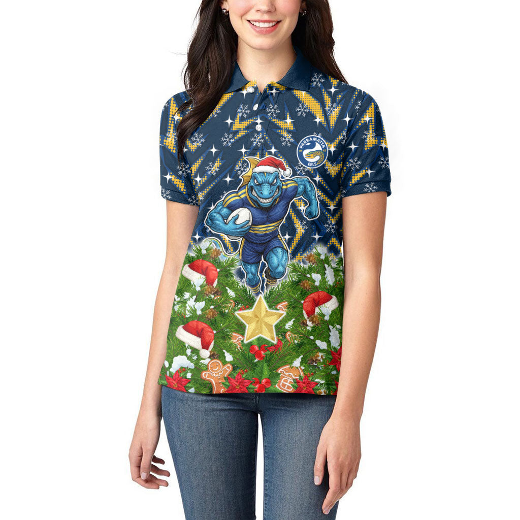 Personalised Parramatta Eels Rugby Christmas Women Polo Shirt Santa Rugby Mascot - Pine Wreath Festive