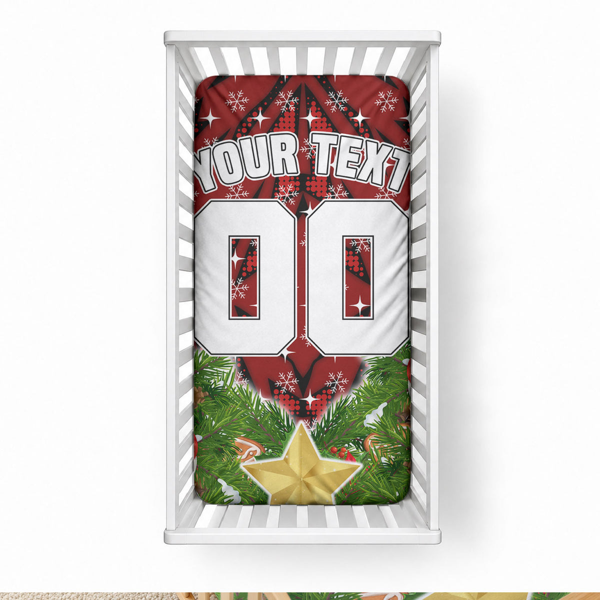 Personalised Dragons Rugby Christmas Baby Bed Cover Santa Rugby Mascot - Pine Wreath Festive