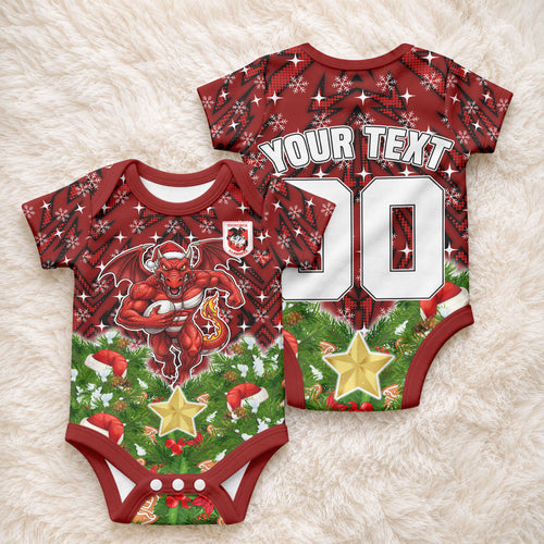 Personalised Dragons Rugby Christmas Baby Onesie Santa Rugby Mascot - Pine Wreath Festive