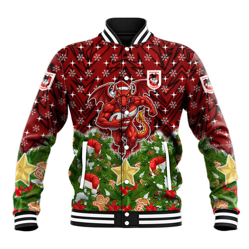 Personalised Dragons Rugby Christmas Baseball Jacket Santa Rugby Mascot - Pine Wreath Festive