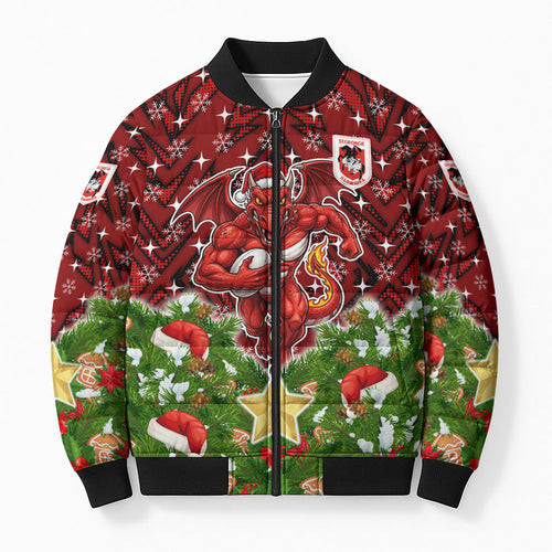 Personalised Dragons Rugby Christmas Bomber Puffer Jacket Santa Rugby Mascot - Pine Wreath Festive